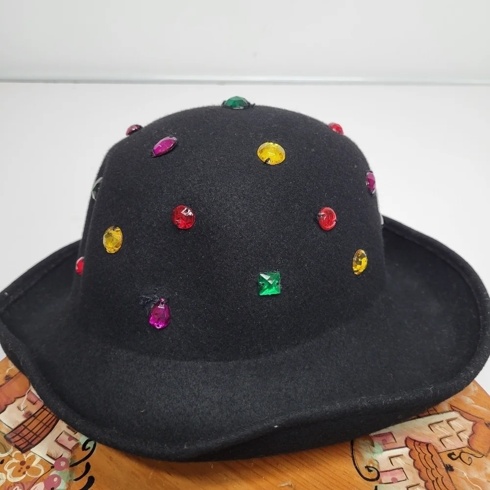 Vintage Wool Bejewled Made in Italy Black Hat Silver‎ Studs Felt 60s Retro - Picture 10 of 17